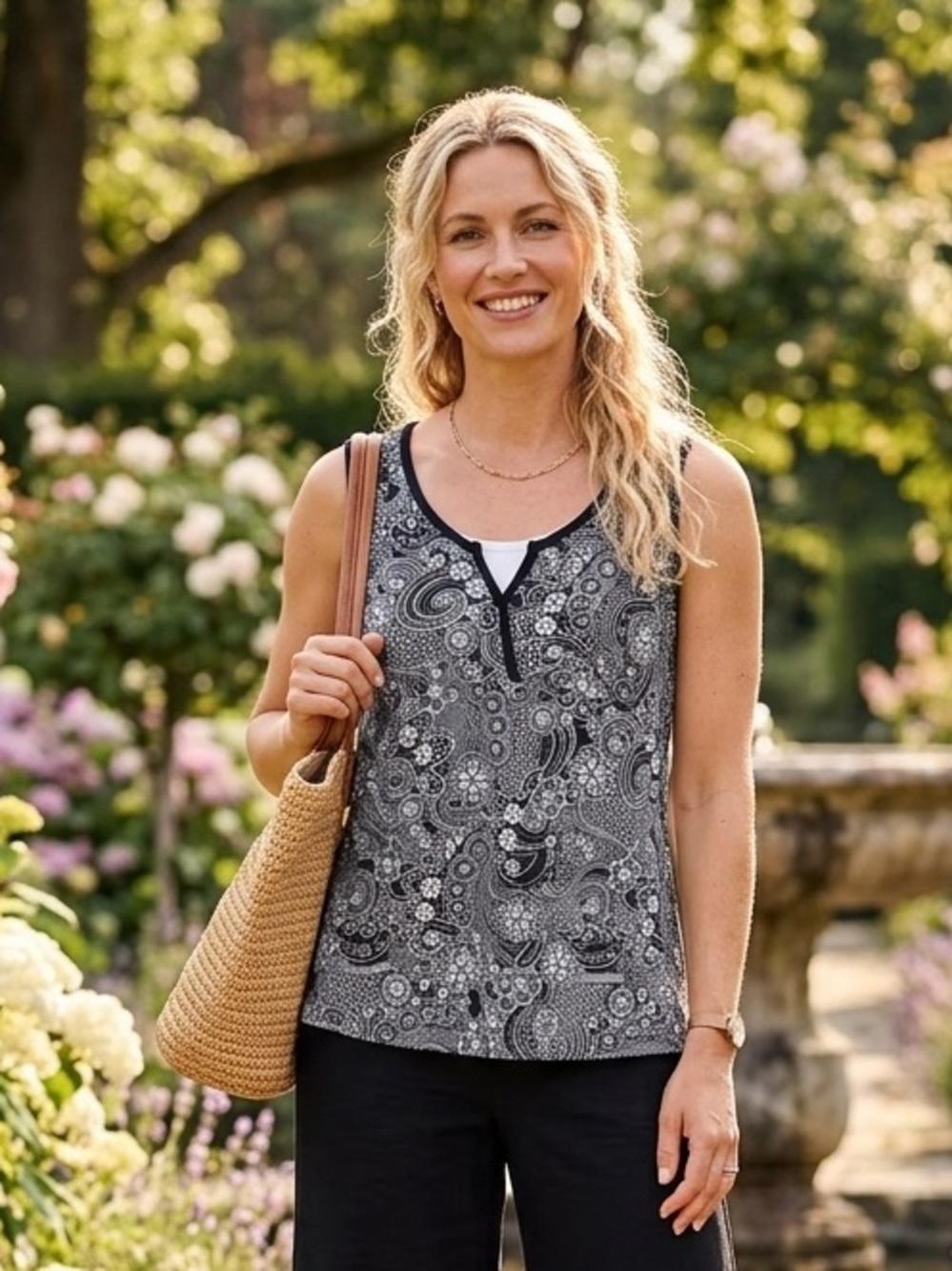 Danskin Now Black and White Paisley Tank Top
